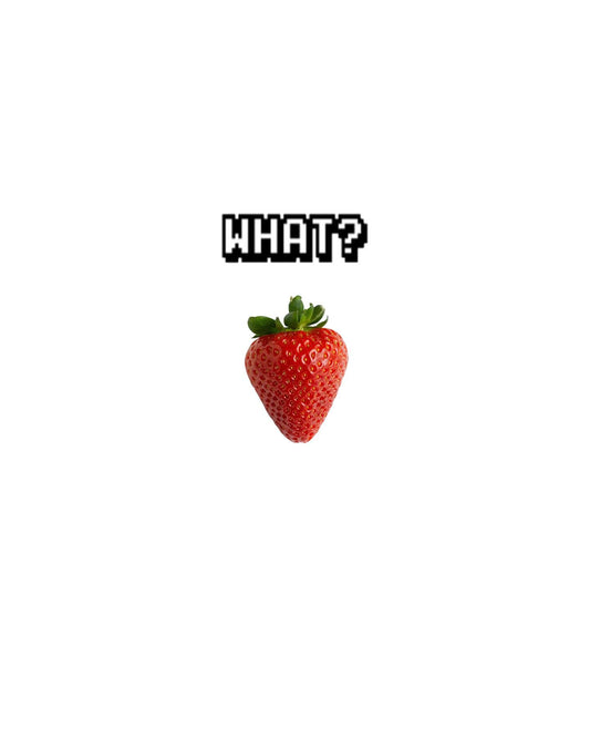 白背景に「WHAT?」の文字と赤いいちご1粒を置いた、桜といちご大福シューの予告の表紙