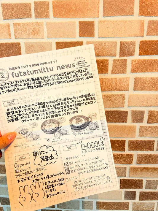 レンガ壁の前で手に持った、2つ3つ新聞No.2のチラシ