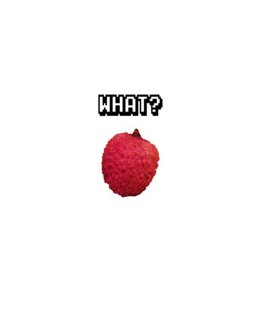 白い背景に赤いライチの実と「WHAT?」の文字が置かれた表紙画像